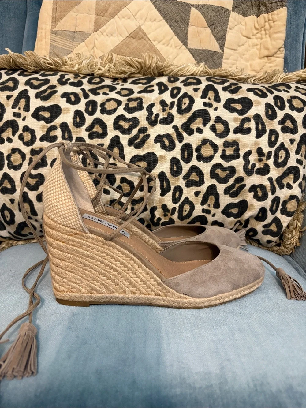 Steve Madden Taupe Suede Espadrille Wedge with Tassel Ankle Ties